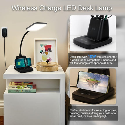 Desk Lamp, LED Desk Lamps for Home Office, Wireless Charger Small Desk