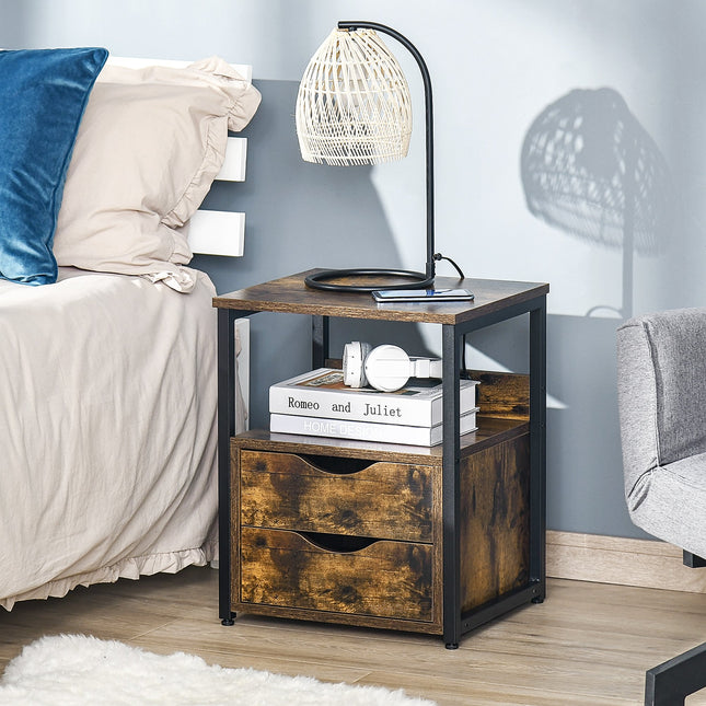 HOMCOM Industrial Side Table with 2 Drawers Accent Table Storage Shelf