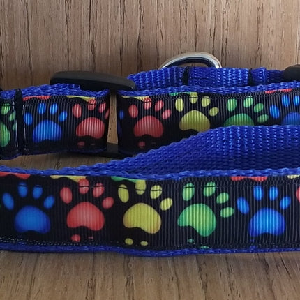 Collar/ Large/ Medium/ Rainbow Paw Prints on Blue