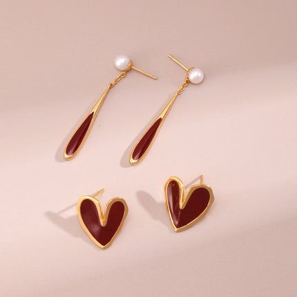Red Drip Glaze Folded Love Heart Earrings