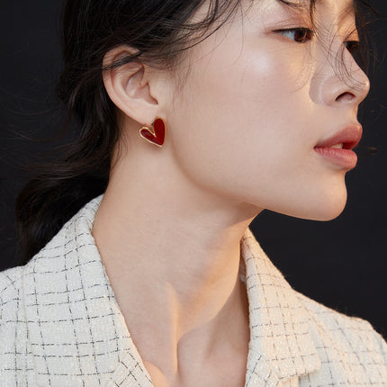 Red Drip Glaze Folded Love Heart Earrings