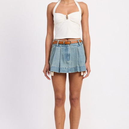 PLEATED DENIM MINI SKIRT WITH CONTRAST HEM DETAIL