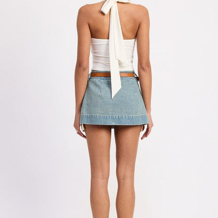 PLEATED DENIM MINI SKIRT WITH CONTRAST HEM DETAIL