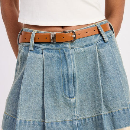 PLEATED DENIM MINI SKIRT WITH CONTRAST HEM DETAIL