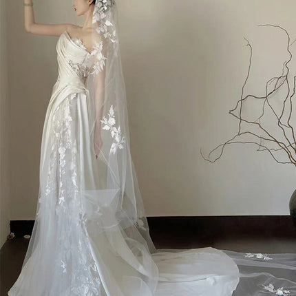 Satin Lace Wedding Veil Tube Top Fishtail Wedding Dress