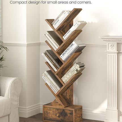 9 Tier Tree Book Shelf with Drawer, Floor Standing Bookshelf Storage