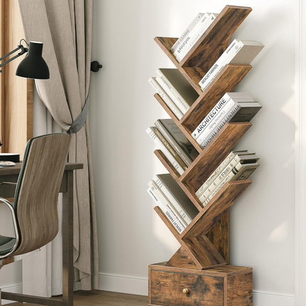 9 Tier Tree Book Shelf with Drawer, Floor Standing Bookshelf Storage