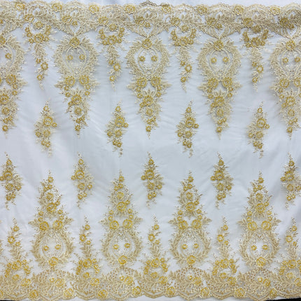 Beaded & Corded Bridal Lace Fabric Embroidered on 100% Polyester Net Mesh | Lace USA - GD-55619-7