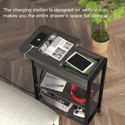 End Table with Charging Station, Flip Top Side Table for Small Spaces,