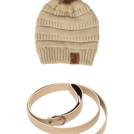 Knit Hat with Pom and Vegan Leather Dog Leash