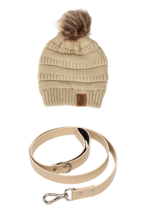 Knit Hat with Pom and Vegan Leather Dog Leash