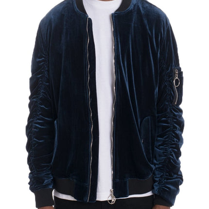 Velour Cinch Sleeve Bomber Jacket