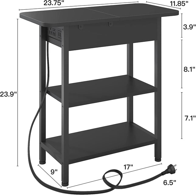 End Table with Charging Station, Flip Top Side Table for Small Spaces,