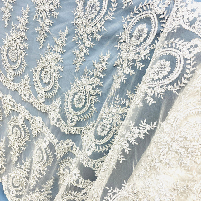Beaded & Corded Lace Fabric Embroidered on 100% Polyester Net Mesh | Lace USA - 97055W-BPB-5