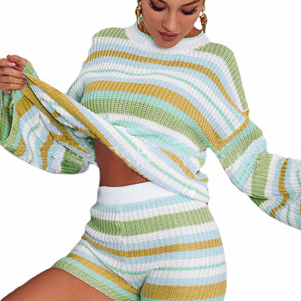 Yellow Striped Knit Top and Shorts Loungewear Set