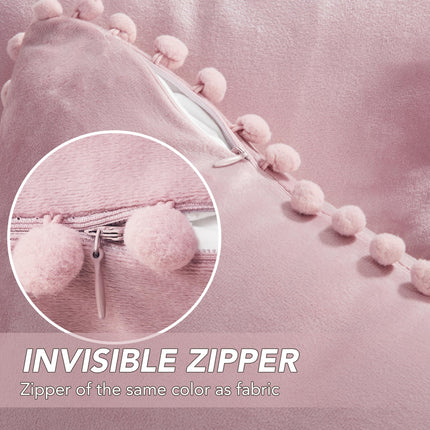 Velvet Throw Pillow Covers with Pom-Poms, 26x26 Inch