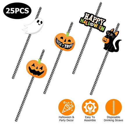 Set Of 25Pcs Halloween Party Striped Decorative Straws Disposable