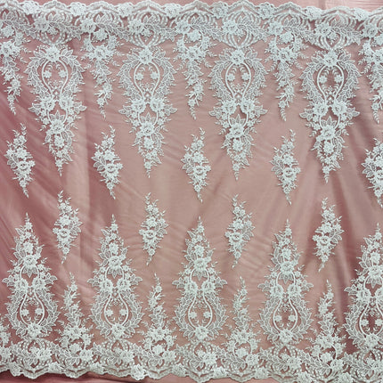 Beaded & Corded Bridal Lace Fabric Embroidered on 100% Polyester Net Mesh | Lace USA - GD-55619-2
