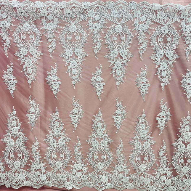 Beaded & Corded Bridal Lace Fabric Embroidered on 100% Polyester Net Mesh | Lace USA - GD-55619-2