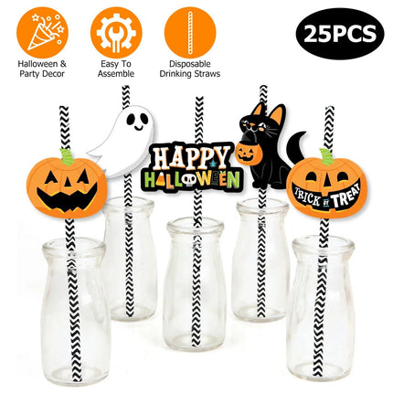 Set Of 25Pcs Halloween Party Striped Decorative Straws Disposable