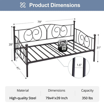 Twin size Victorian Black Metal Daybed Frame - 350 lbs. Weight Capacity-4