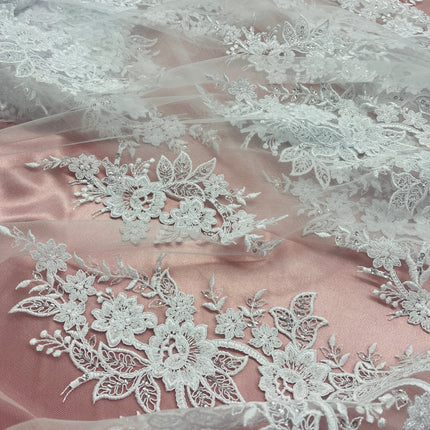 Beaded & Corded Bridal Lace Fabric Embroidered on 100% Polyester Net Mesh | Lace USA - GD-55619-4