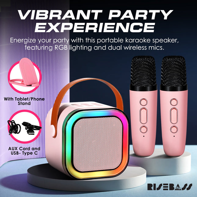 Risebass Mini Karaoke Machine for Kids Adults, Portable Bluetooth Speaker with 2 Wireless Microphones, Toys Birthday Gifts for Girls  Years Old Toddler Teens.-1