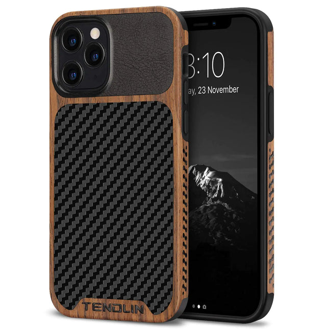 TENDLIN Compatible with iPhone 12 Case/iPhone 12 Pro Case Wood Grain with Carbon Fiber Texture Design Leather Hybrid Case Black
