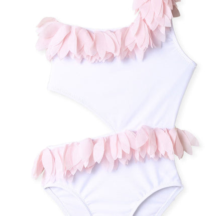 White Side Cut Swimsuit with Pink Petals