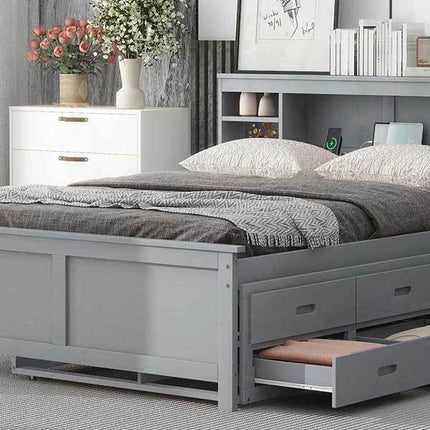 Full Size Platform Bed with Storage Headboard, USB, Twin Size Trundle