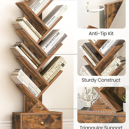 9 Tier Tree Book Shelf with Drawer, Floor Standing Bookshelf Storage