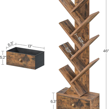 9 Tier Tree Book Shelf with Drawer, Floor Standing Bookshelf Storage