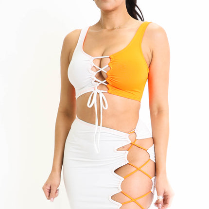 ColorBlock Side Lace up Top & Matching Maxi Skirt 2 Piece Outfit Set