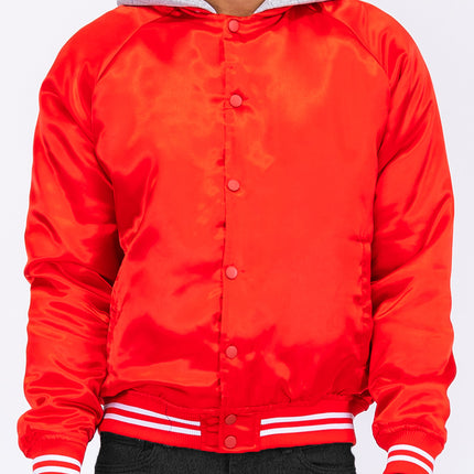 Satin Hooded Varsity Jacket Snap Button Closure BJ220