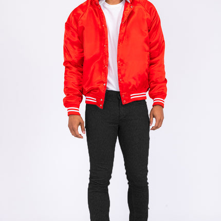 Satin Hooded Varsity Jacket Snap Button Closure BJ220