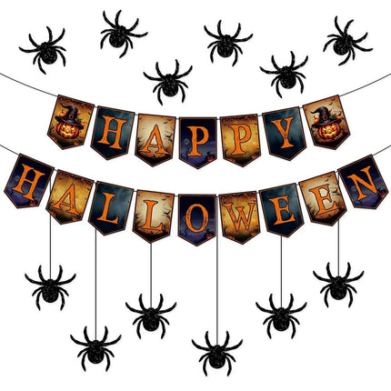 Happy Halloween Banner And Hanging Spider Garland Trick Or Treat