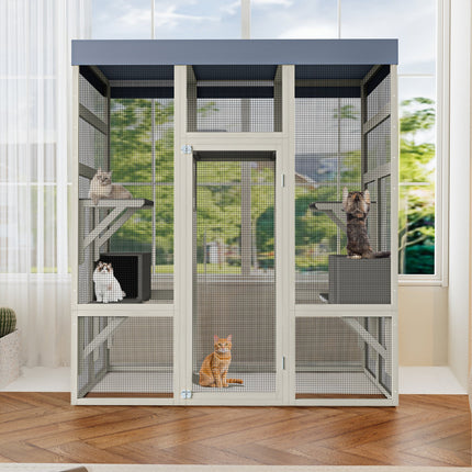 62.6' Outdoor Wooden Catio for Cats, Large Cat Enclosure with