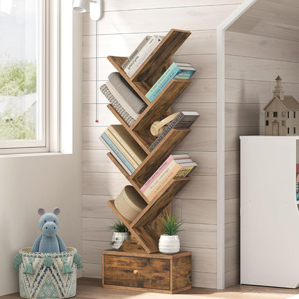 9 Tier Tree Book Shelf with Drawer, Floor Standing Bookshelf Storage