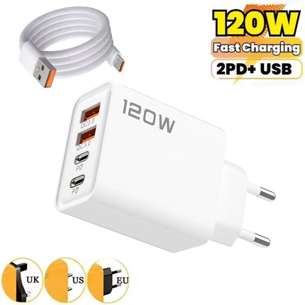 Total 120W 4 Port USB Type C Charger Fast Charging Data Cable USB Phone Charger Adapter for Samsung IPhone Xiaomi Wall Charger