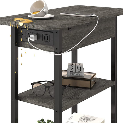 End Table with Charging Station, Flip Top Side Table for Small Spaces,