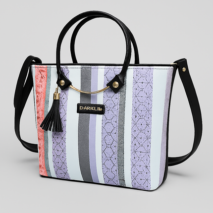 Black Striped Tote Bag with Tassel Detail