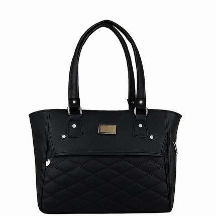 Elegant Black Quilted Tote Bag with Gold Zip Accents