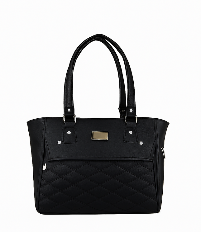 Elegant Black Quilted Tote Bag with Gold Zip Accents