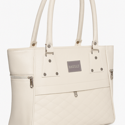 Elegant White Quilted Tote Bag with Gold Zip Accents