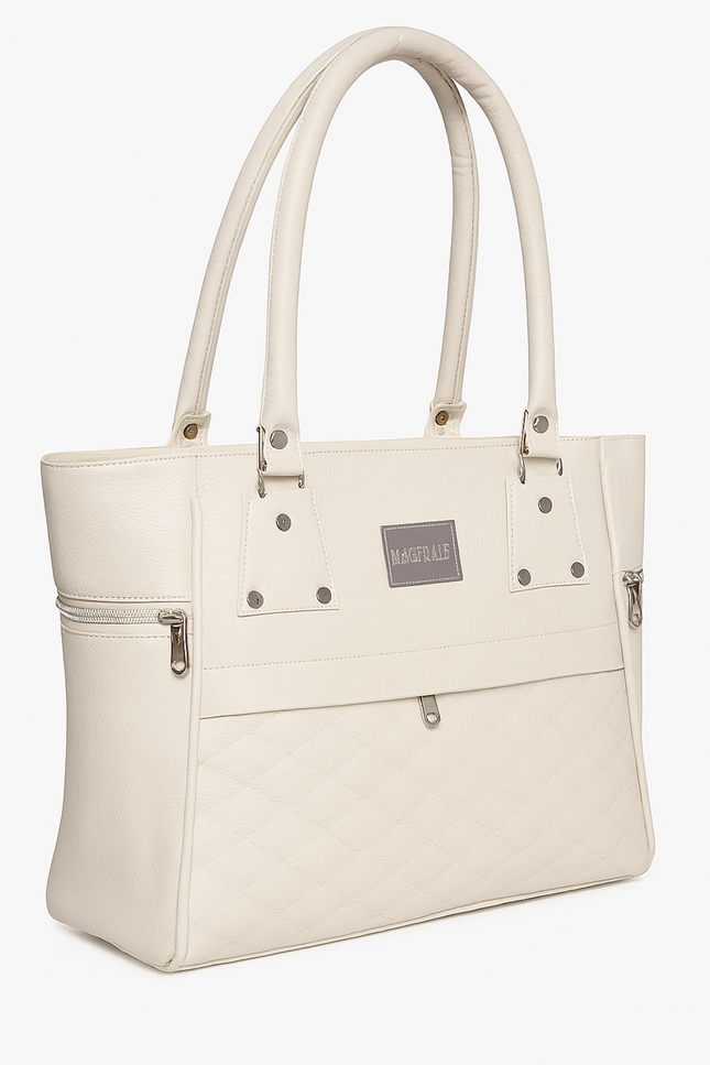 Elegant White Quilted Tote Bag with Gold Zip Accents