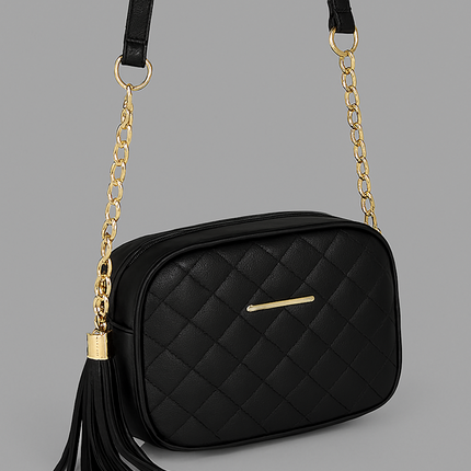 Elegant Cream Quilted Bag with Gold Chain Tassel