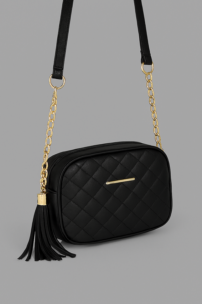 Elegant Cream Quilted Bag with Gold Chain Tassel