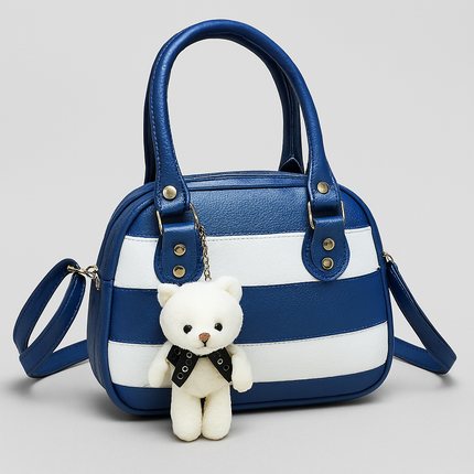 Chic Nabvy Blue-White Bag with Cute Teddy Charm