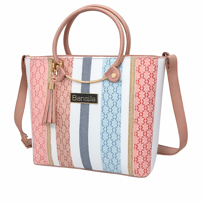 Pink Striped Tote Bag with Tassel Detail