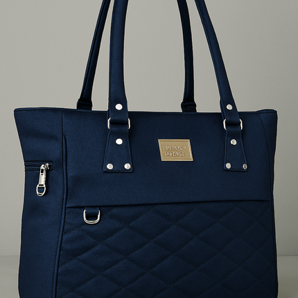 Elegant Navy Blue Quilted Tote Bag with Gold Zip Accents